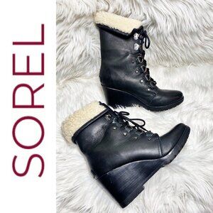 NWOT SOREL After Hours Lace-Up Shearling Waterproof Wedge Boots Black, 9.5